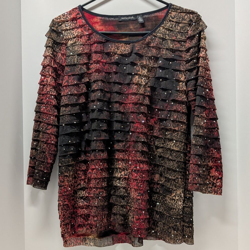 Notations Leopard Print Sequin Ruffled Blouse - image 1